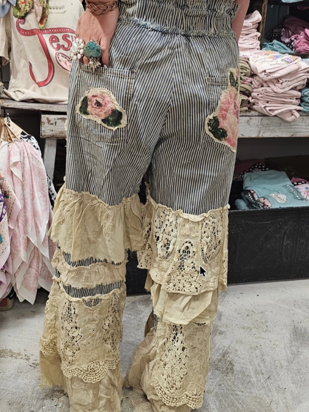 A rare Bird Floral Patchwork ruffle Lace Striped Stretchy Waist Pants - Picture 3 of 4